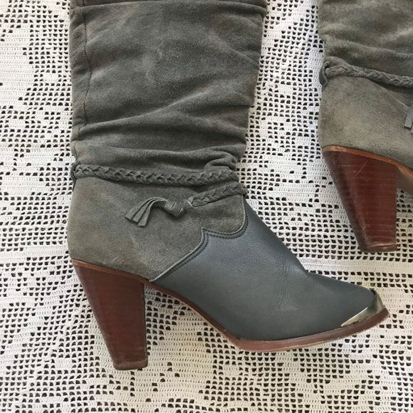 1980s KINNEY Gray Leather High Heeled Boots - Boho Boots - Wood Stacked Heel - Picture 2 of 9